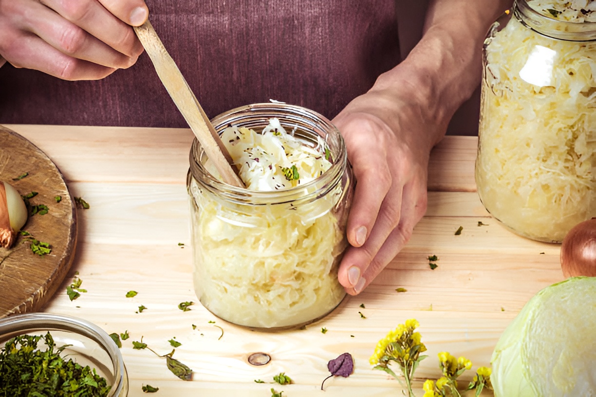 person putting sauerkraut in a jar